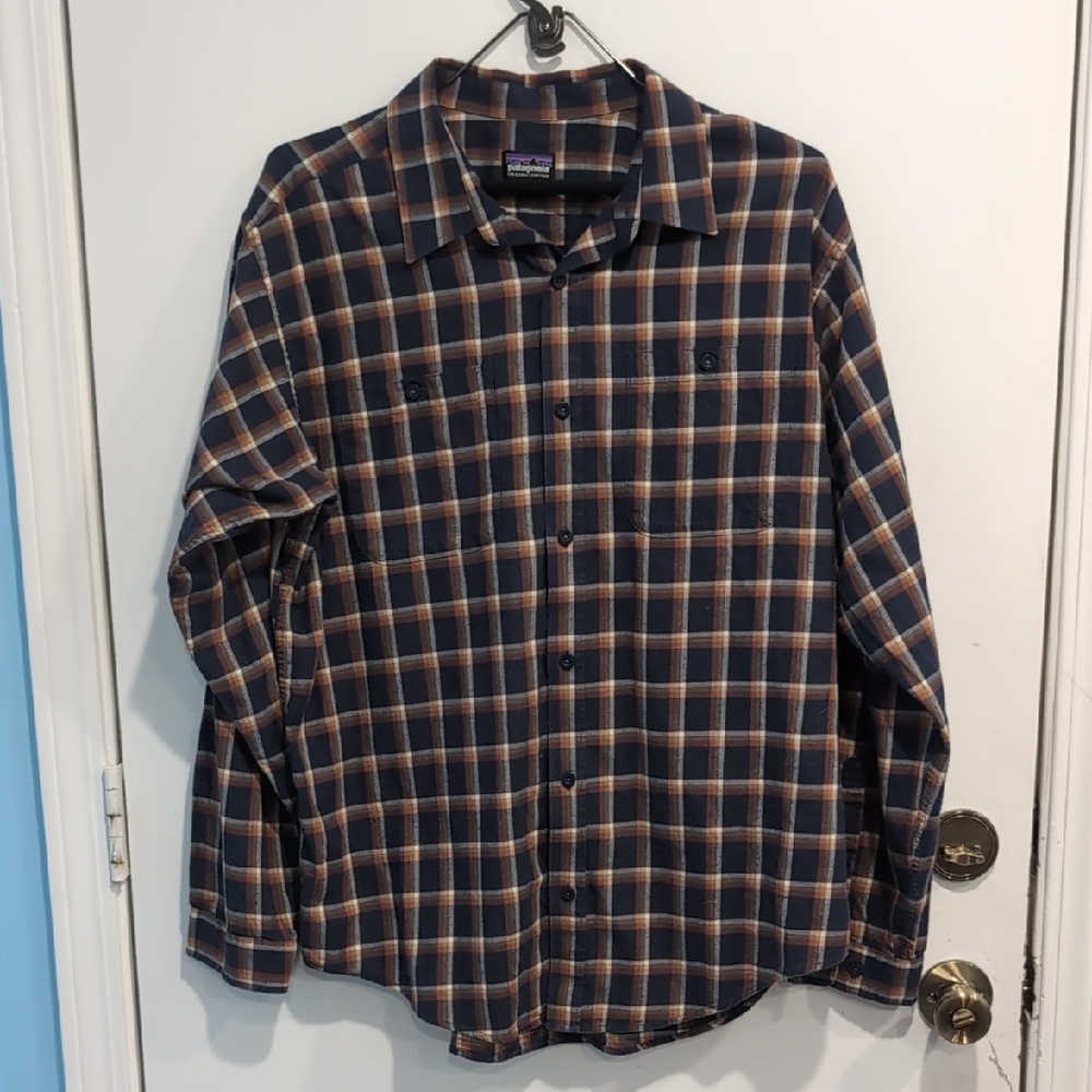 Patagonia Flannel L/S Button Down Shirt Navy/Orange Sz Large Pima Cotton